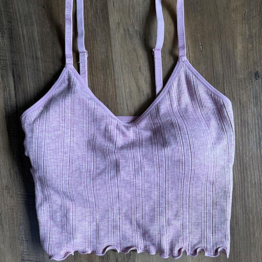 Women’s Pink Ribbed Tank Top with Ruffled Hem Large Laura Ashley